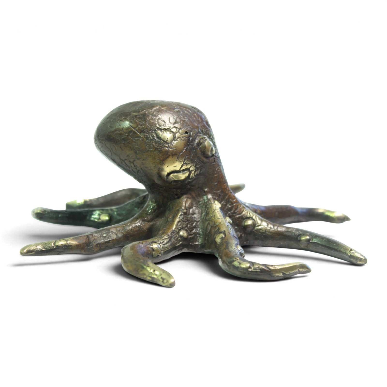 Close-up side view of the brass octopus head and eyes showing cast detail