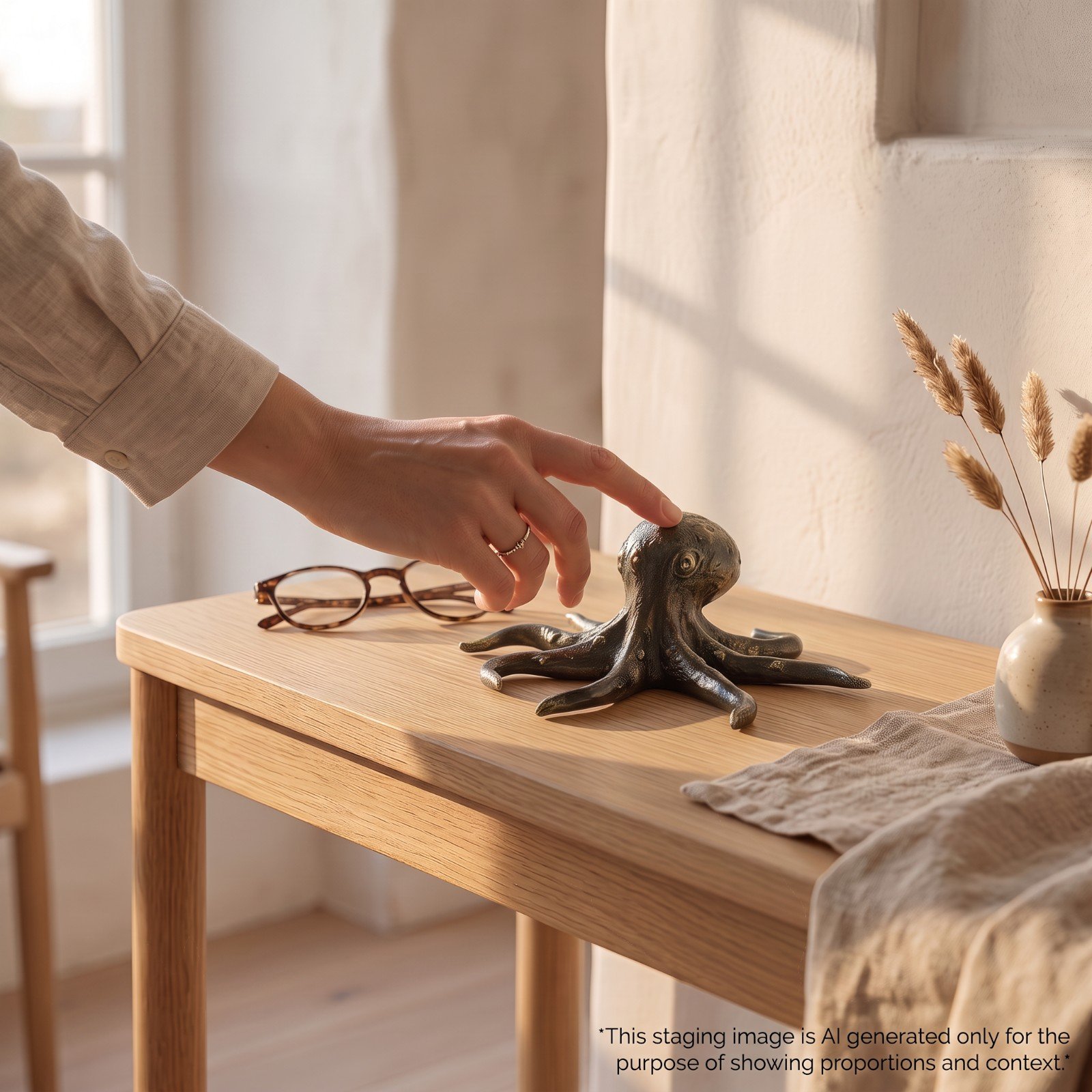 AI staging image showing the brass octopus figurine's scale on a wooden side table