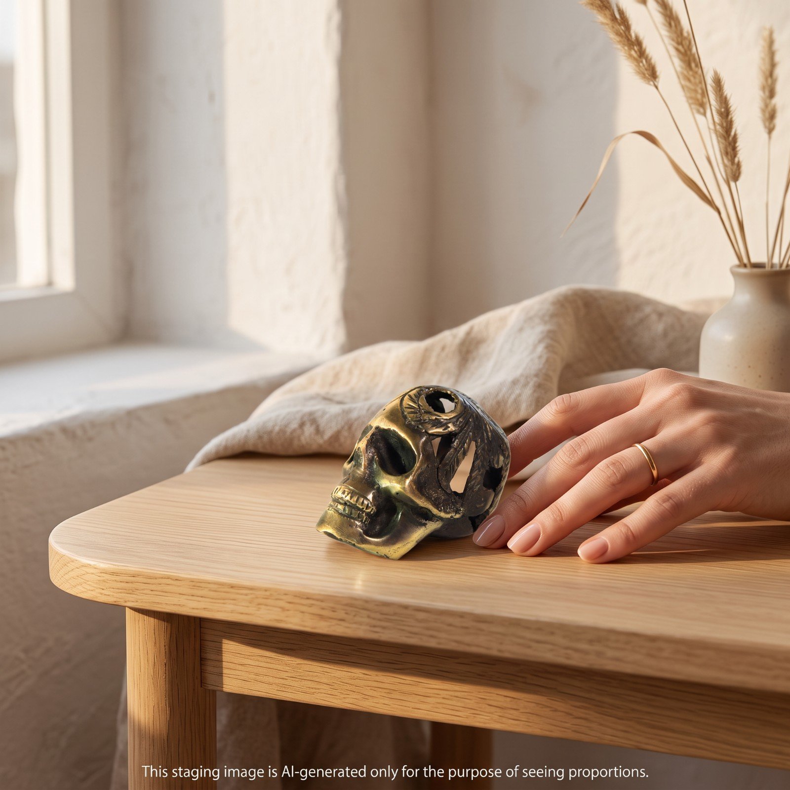 Brass skull figurine staged on a wooden table beside a hand, showing its small scale