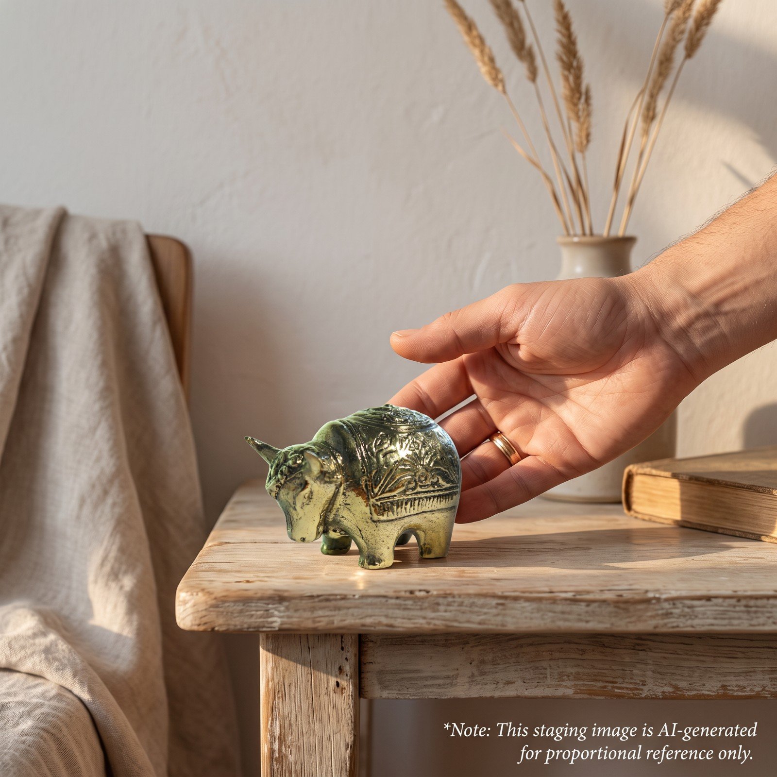 Brass bull figurine staged on a wooden table beside a hand for scale