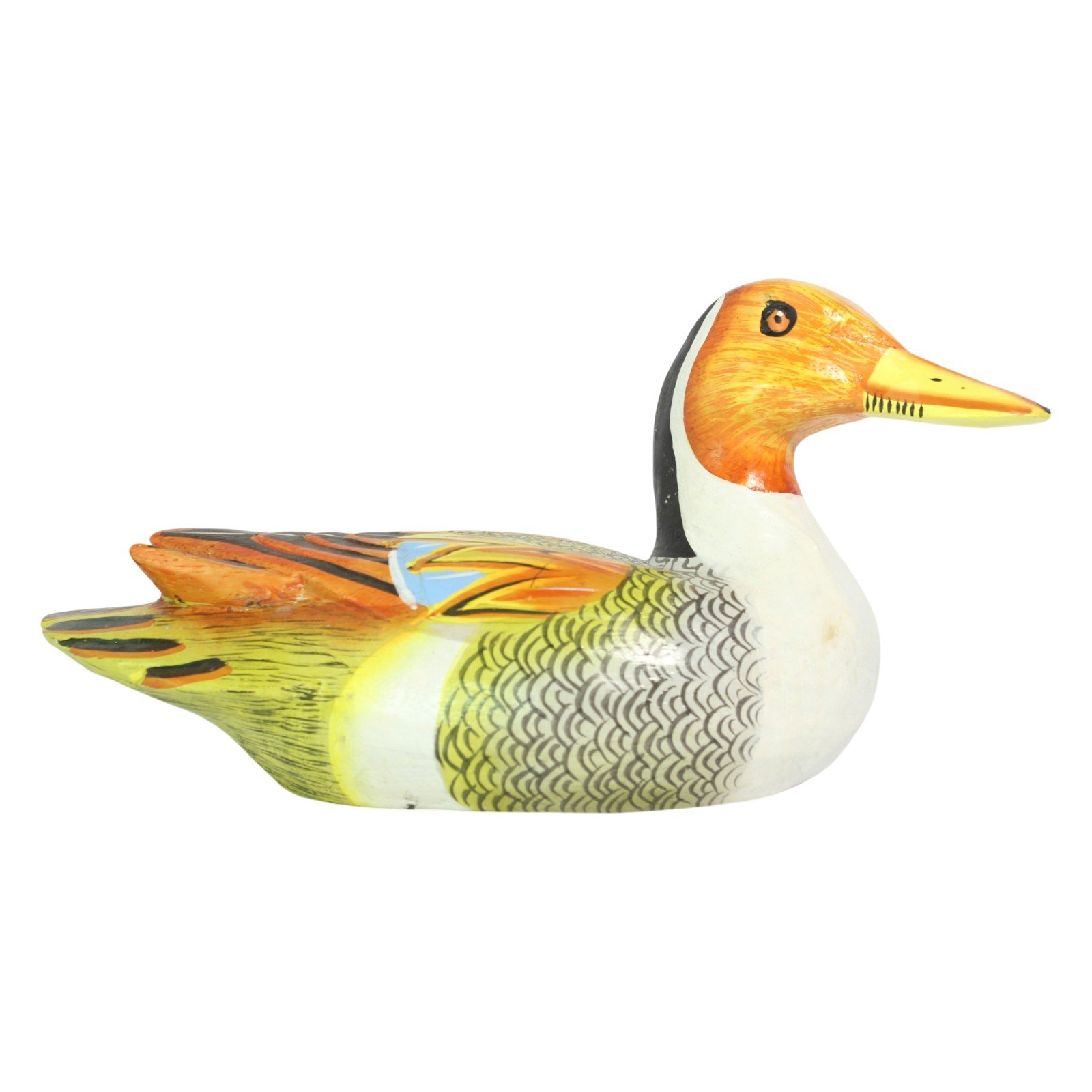 Side profile of the hand-painted wooden duck showing full tail and wing feather detail
