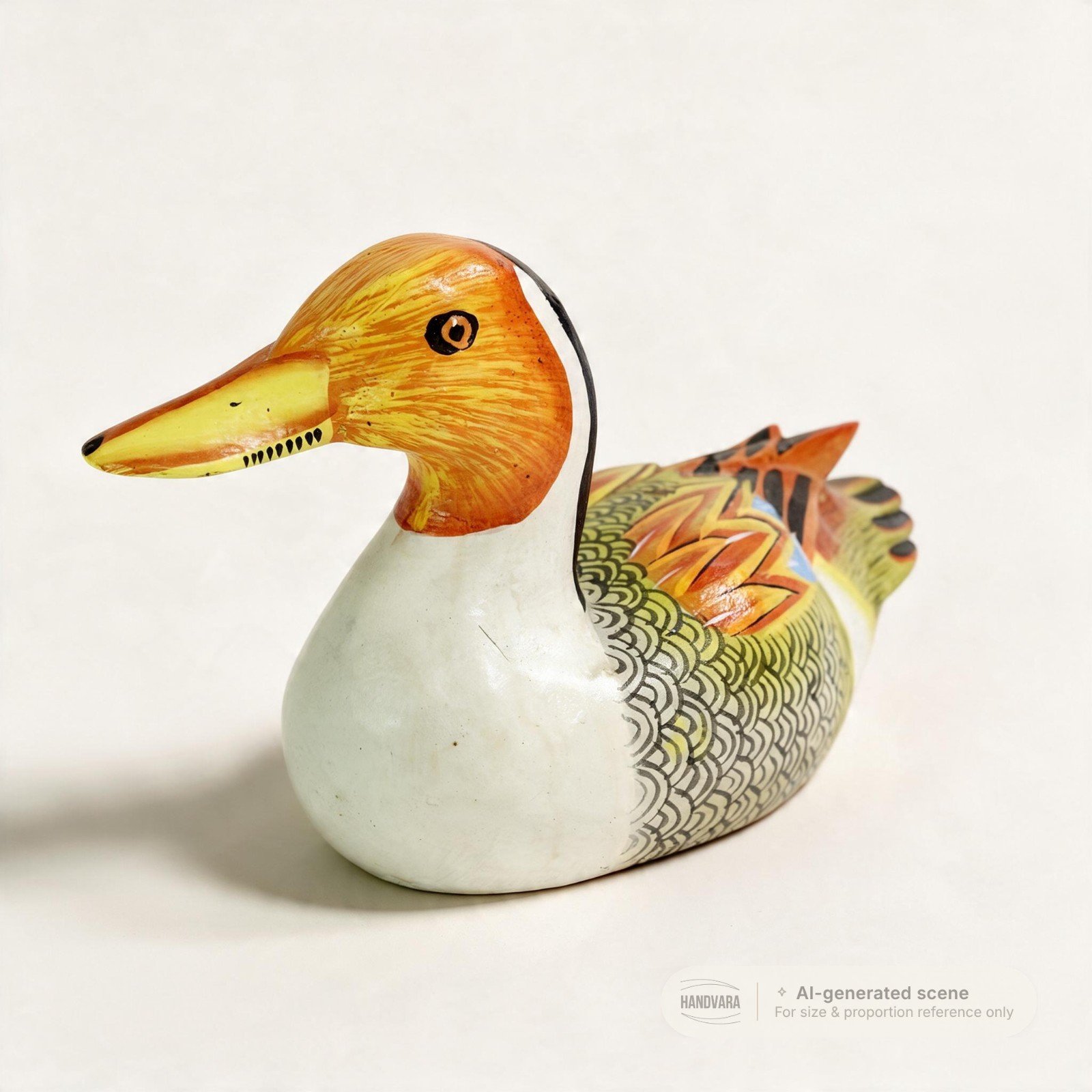 Close-up of the wooden duck's head and beak showing fine hand-painted feather strokes and eye detail