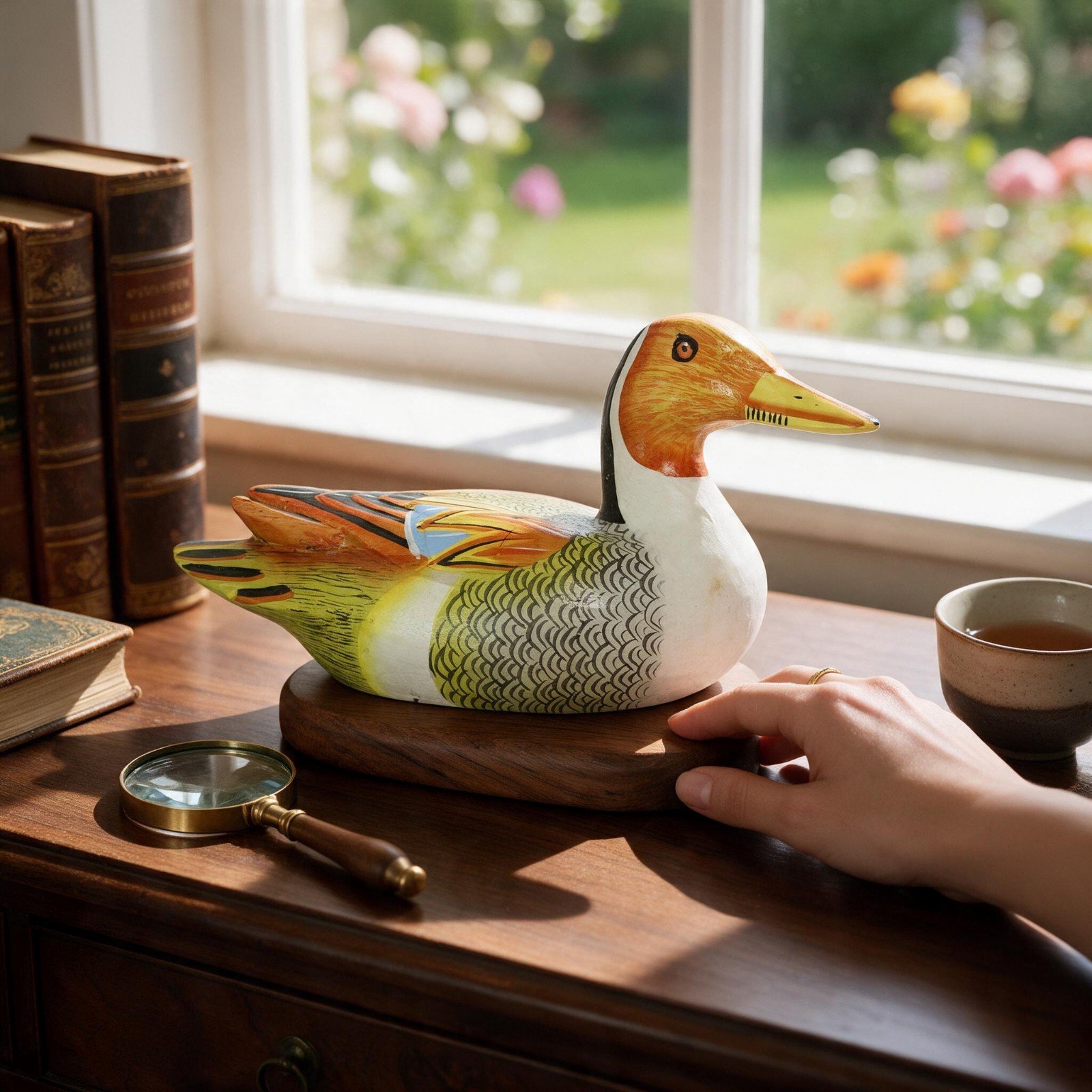 Wooden duck decoy staged on a side table near a sunlit window with books and a magnifying glass