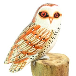 Hand-carved wooden barn owl figurine with painted feathers, front close-up view
