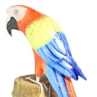 Close-up of hand-painted parrot head and wings showing carved feather detail