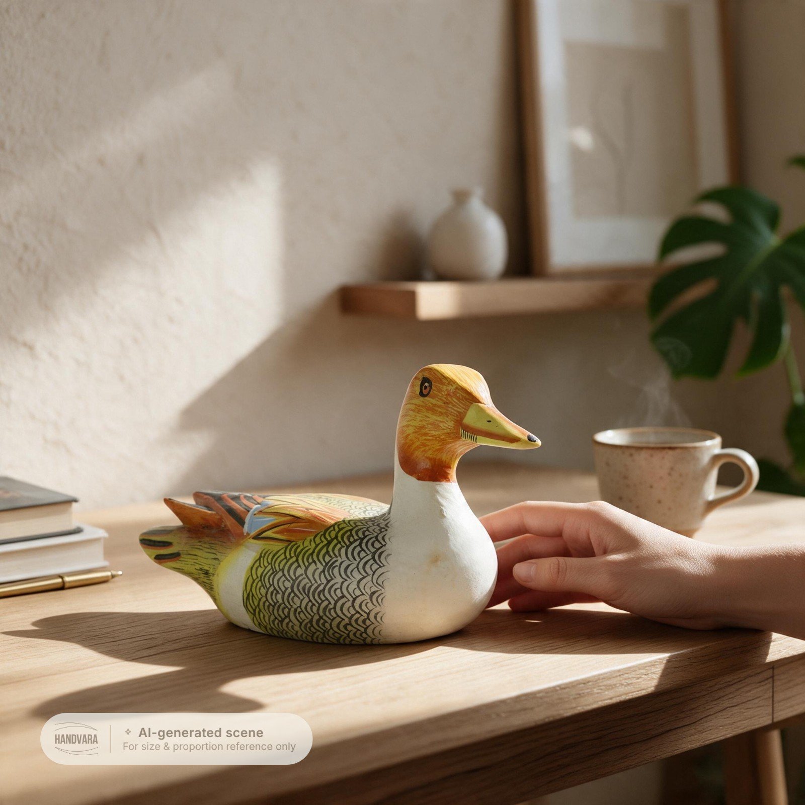 AI-generated staging scene: hand-carved wooden duck on a wooden table, shown for size and proportions