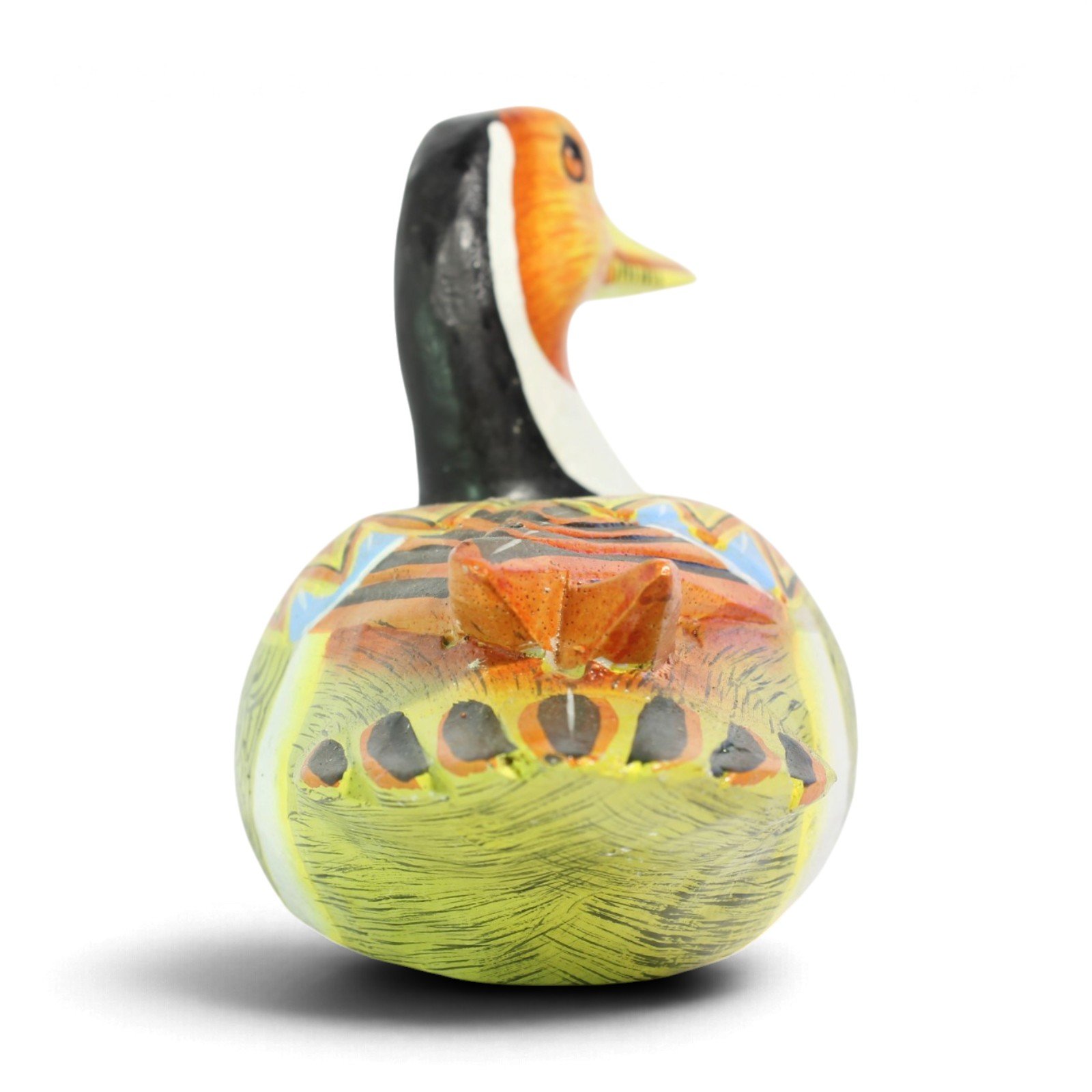 Back view of the hand-painted wooden duck with orange head and colorful tail feathers