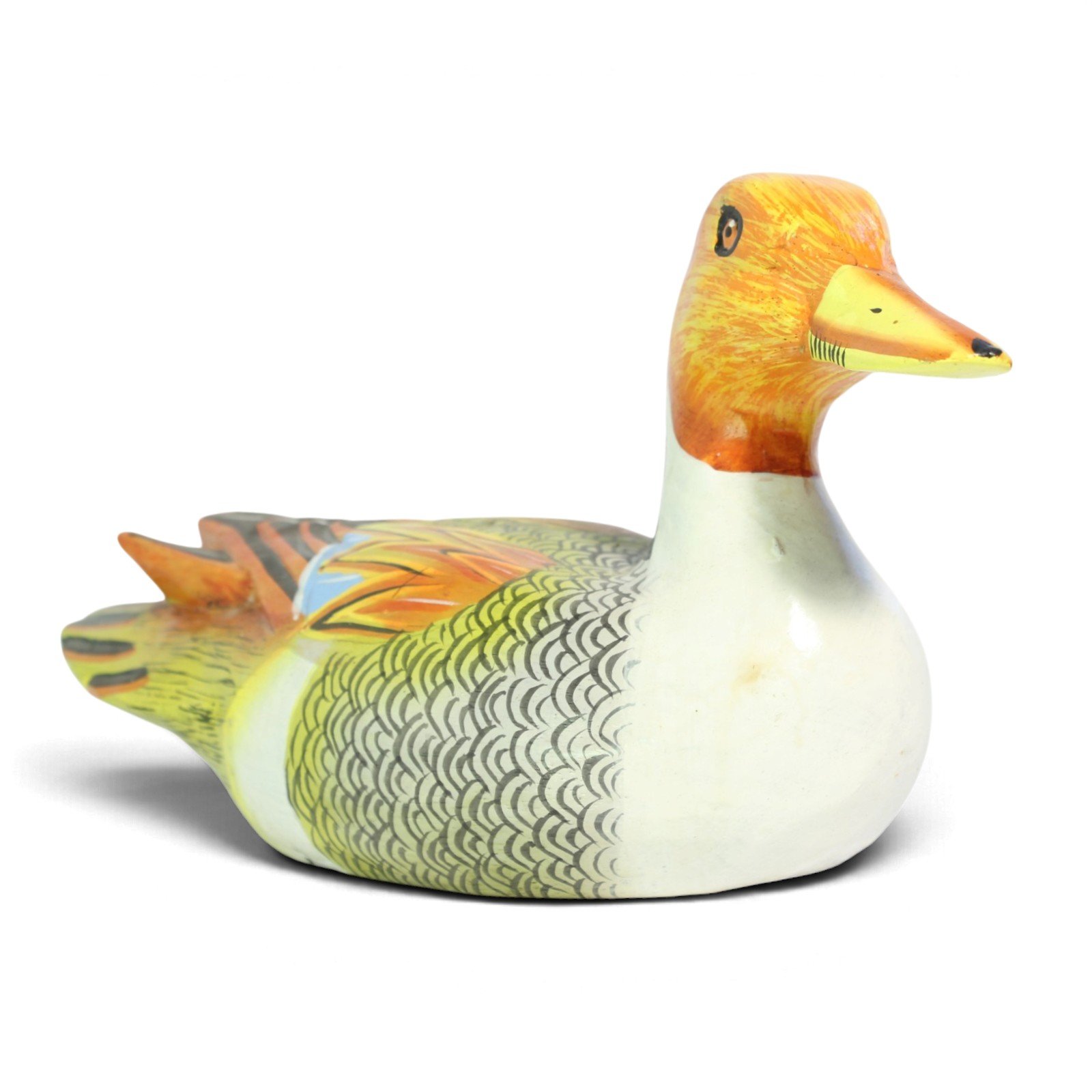 Hand-carved wooden duck with orange head and white body, hand-painted feather detail, side view