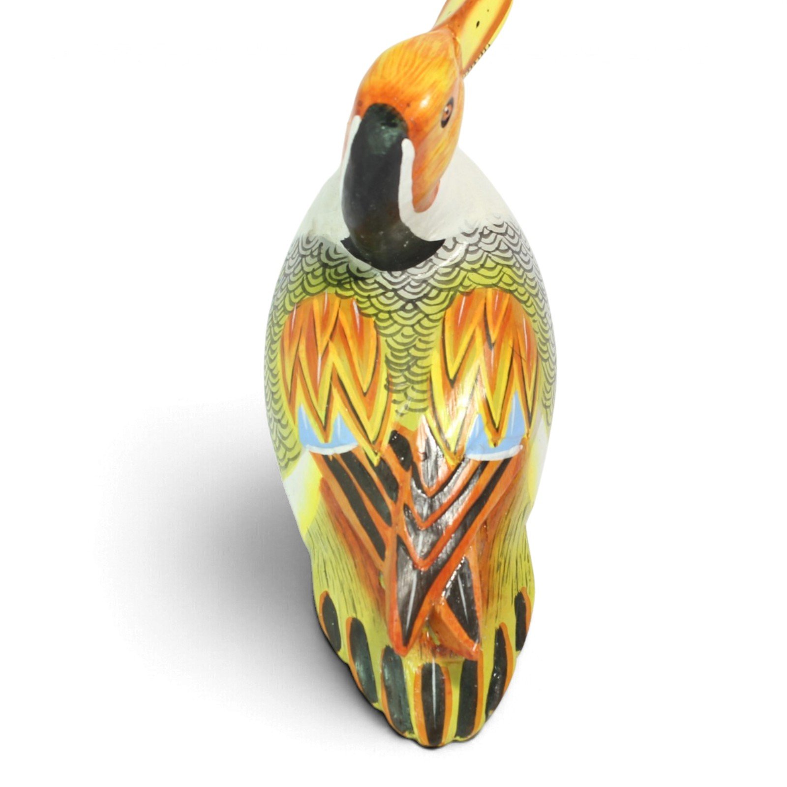 Top view of the hand-carved wooden duck showing its colorful painted wing feathers